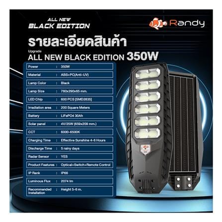 ไฟถนน SOLAR RANDY DW-LH9350 350 วัตต์ DAYLIGHT สีดำ_16