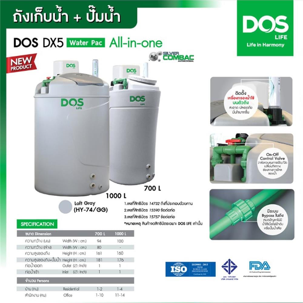 ถังเก็บน้ำ DOS WATER PAC DX5 1000 ลิตร+ปั๊ม HITACHI WMP150XX2 150 วัตต์+เครื่องกรองน้ำใช้ DUPONT สีเทา