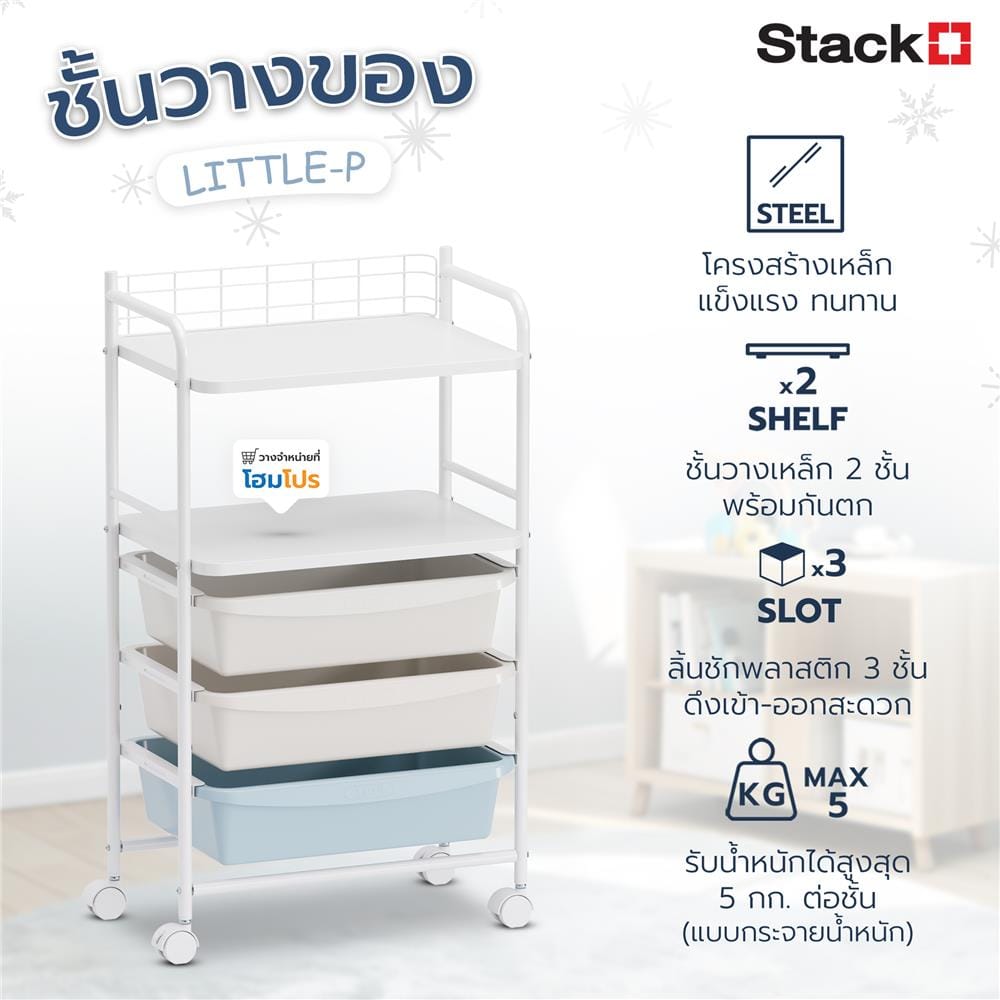 ชั้นวางของ 2 ชั้น 3 ลิ้นชัก STACKO LITTLE-P 45.2x31x78.4 ซม. สีขาว/ฟ้า