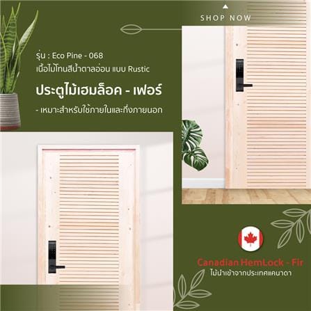 ประตูไม้เฮมล็อกเฟอร์ ไม่เจาะลูกบิด D2D ECO PINE-068 90x200 ซม. สีธรรมชาติ_2