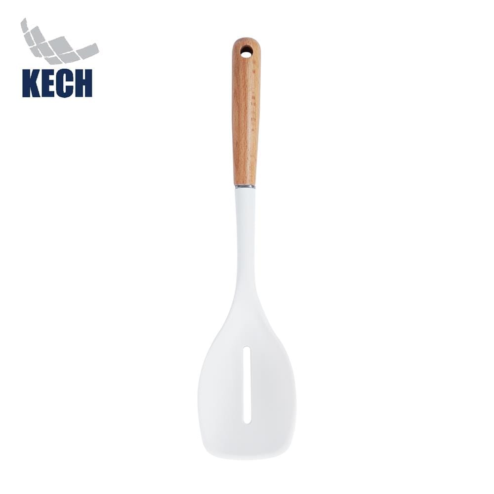 ตะหลิวมีร่องอเนกประสงค์ซิลิโคน ด้ามไม้ KECH ZC-MGK6 สีขาว/น้ำตาล