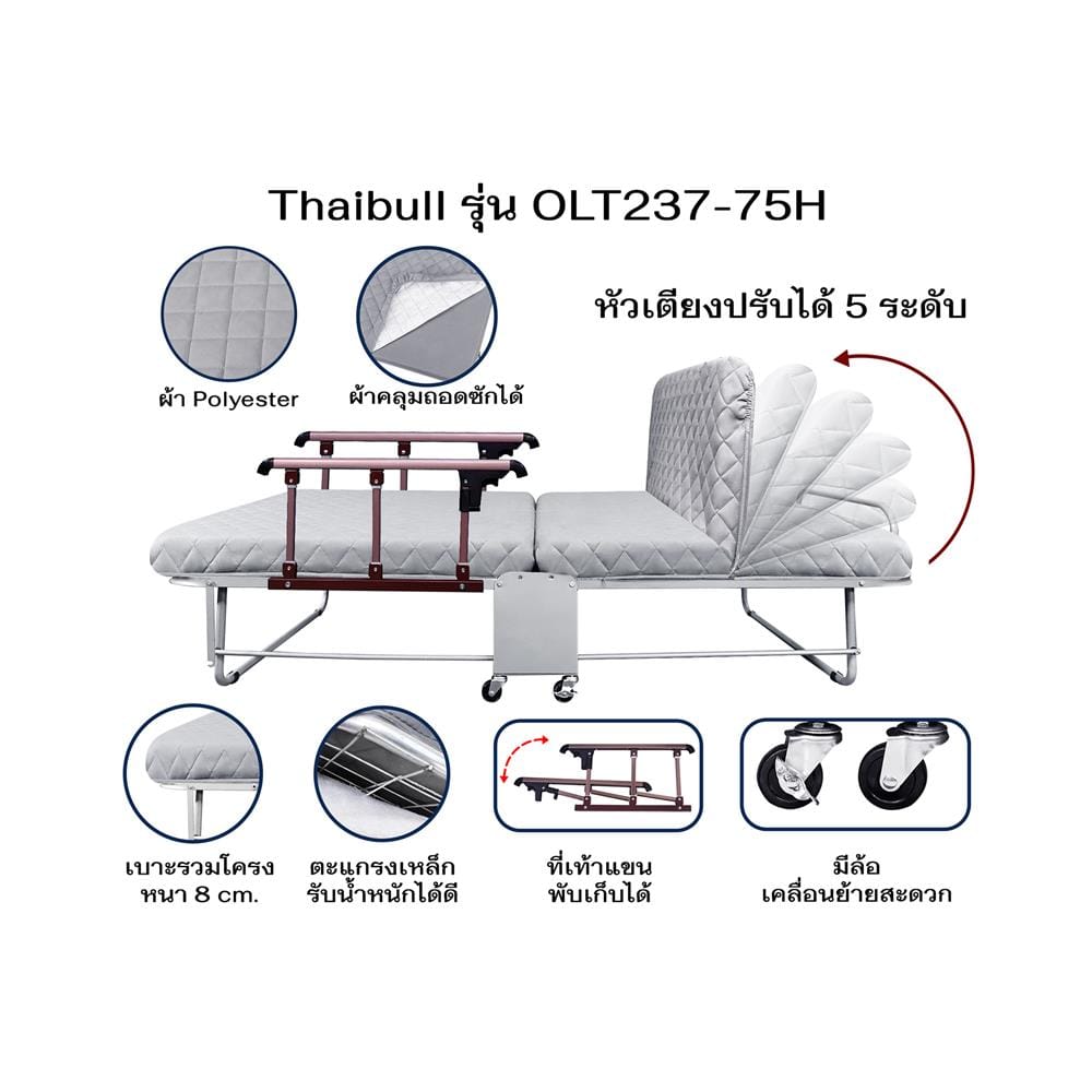 เตียงพับพร้อม TOPPER ราวกั้นพับได้ THAIBULL OLT237-75H สี GREY