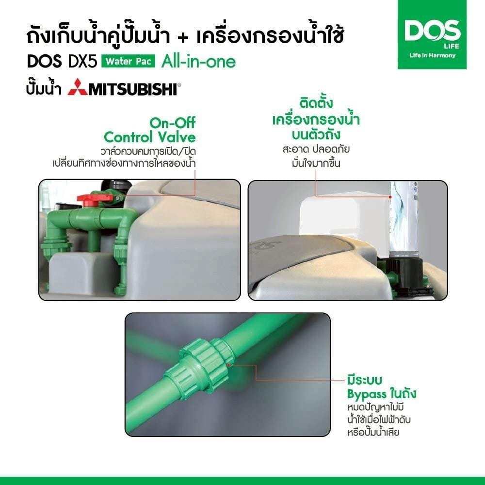 ถังเก็บน้ำ DOS WATER PAC DX5 700 ลิตร+ปั๊ม MITSUBISHI EP155R2 150 วัตต์+เครื่องกรองน้ำใช้ DUPONT สีเทา