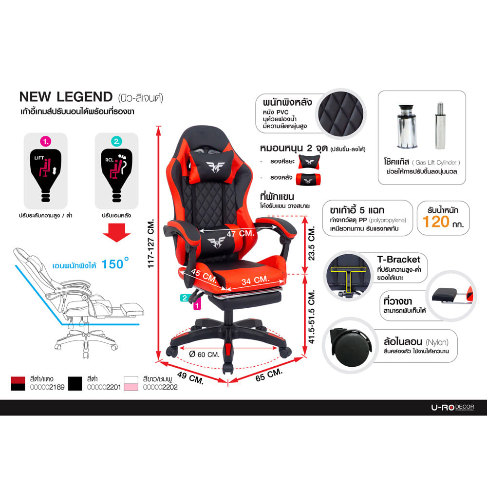 เก้าอี้เกมมิ่ง U-RO DECOR LEGEND สีดำ