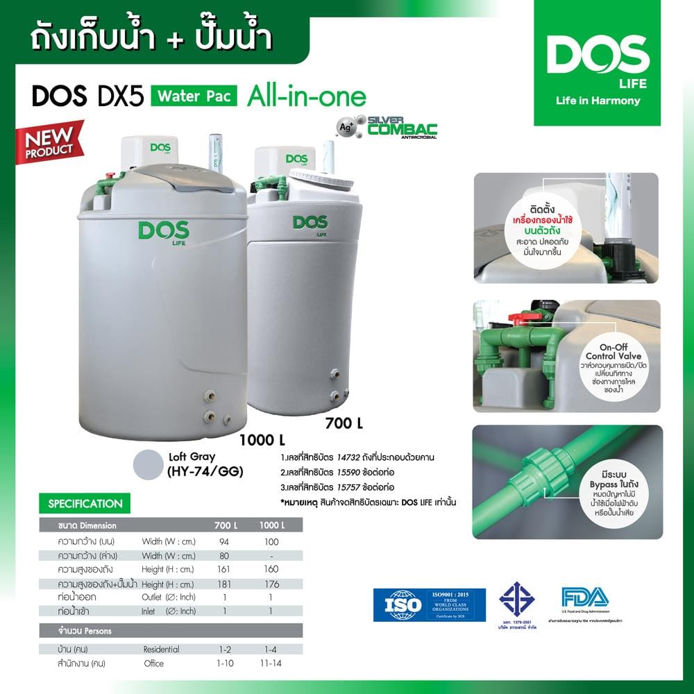 ถังเก็บน้ำ DOS WATER PAC DX5 700 ลิตร+ปั๊ม HITACHI WMP200XX2 200 วัตต์+เครื่องกรองน้ำใช้ DUPONT สีเทา