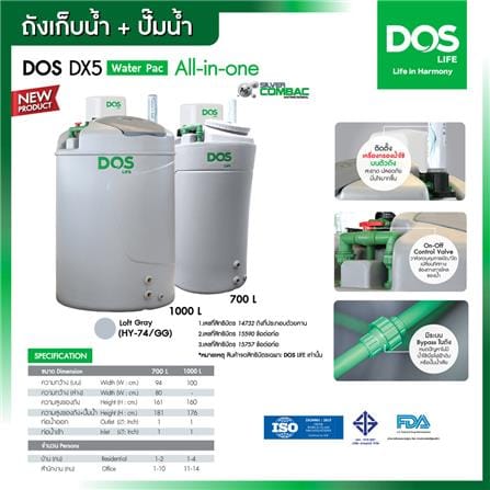 ถังเก็บน้ำ DOS WATER PAC DX5 700 ลิตร+ปั๊ม HITACHI WMP350XX2 350 วัตต์+เครื่องกรองน้ำใช้ DUPONT สีเทา_2