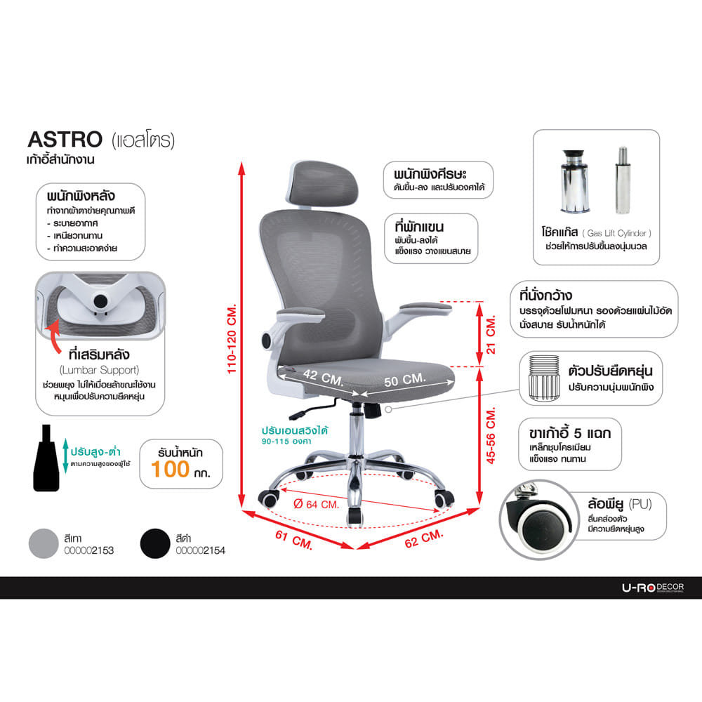 เก้าอี้สำนักงาน U-RO DECOR ASTRO สีดำ