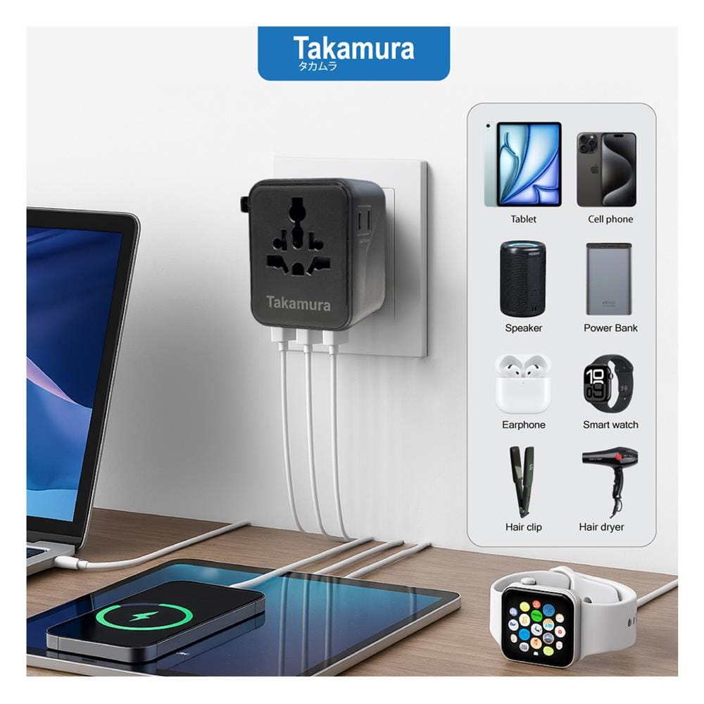 หัวแปลงปลั๊กไฟสากลพร้อมที่ชาร์จ TAKAMURA TUT-20A สีดำ