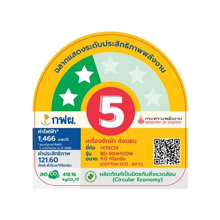 เครื่องซักผ้าฝาหน้า HITACHI BD-904HVOW 9 กก. 1400RPM อินเวอร์เตอร์ สีขาว_5