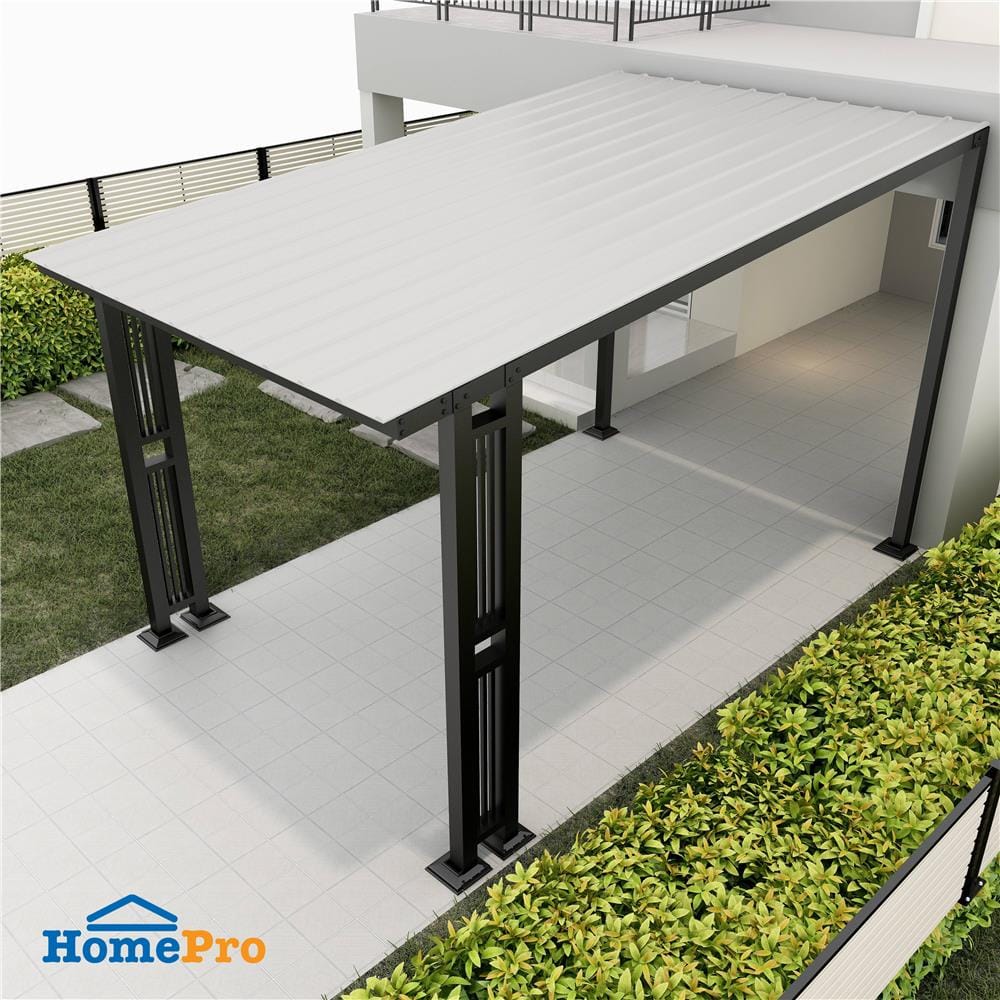 โรงจอดรถสำเร็จรูป หลังคาไวนิล ไม่มีรางน้ำฝน เสาตกแต่ง SUNSHIELD 3x5 เมตร