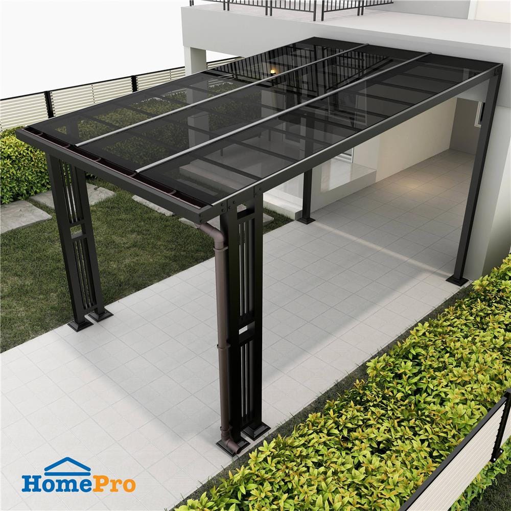 โรงจอดรถสำเร็จรูป หลังคาโพลีคาร์บอเนตแบบตัน มีรางน้ำฝน เสาตกแต่ง SUNSHIELD 3x5 เมตร สีเทา