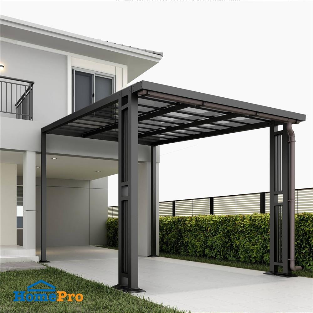 โรงจอดรถสำเร็จรูป หลังคาโพลีคาร์บอเนตแบบตัน มีรางน้ำฝน เสาตกแต่ง SUNSHIELD 3x5 เมตร สีเทา
