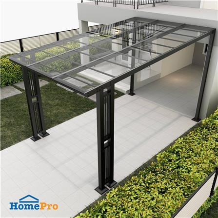 โรงจอดรถสำเร็จรูป หลังคาโพลีคาร์บอเนตแบบตัน ไม่มีรางน้ำฝน เสาตกแต่ง SUNSHIELD 3x5 เมตร สีใส_0