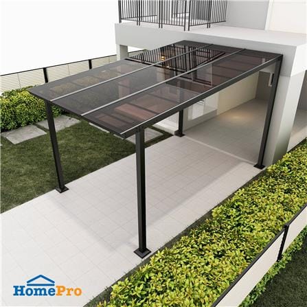 โรงจอดรถสำเร็จรูป หลังคาโพลีคาร์บอเนตแบบตัน ไม่มีรางน้ำฝน เสาธรรมดา SUNSHIELD 3x5 เมตร สีน้ำตาล_0