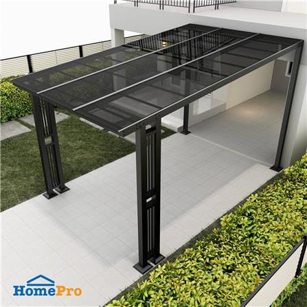 โรงจอดรถสำเร็จรูป หลังคาโพลีคาร์บอเนตแบบตัน ไม่มีรางน้ำฝน เสาตกแต่ง SUNSHIELD 3x5 เมตร สีเทา_0