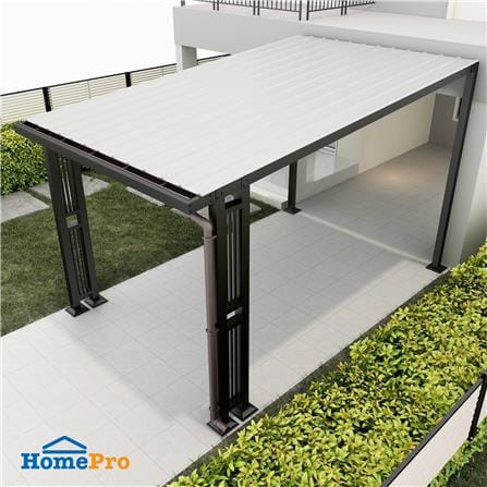 โรงจอดรถสำเร็จรูป หลังคาไวนิล มีรางน้ำฝน เสาตกแต่ง SUNSHIELD 3x5 เมตร_0
