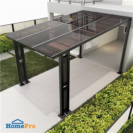 โรงจอดรถสำเร็จรูป หลังคาโพลีคาร์บอเนตแบบตัน ไม่มีรางน้ำฝน เสาตกแต่ง SUNSHIELD 3x5 เมตร สีน้ำตาล_0