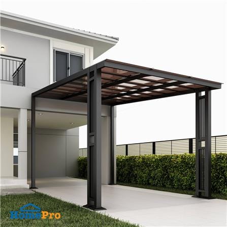 โรงจอดรถสำเร็จรูป หลังคาโพลีคาร์บอเนตแบบตัน ไม่มีรางน้ำฝน เสาตกแต่ง SUNSHIELD 3x5 เมตร สีน้ำตาล_3