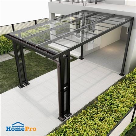 โรงจอดรถสำเร็จรูป หลังคาโพลีคาร์บอเนตแบบตัน มีรางน้ำฝน เสาตกแต่ง SUNSHIELD 3x5 เมตร สีใส_0