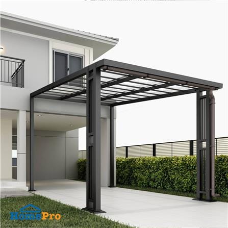 โรงจอดรถสำเร็จรูป หลังคาโพลีคาร์บอเนตแบบตัน มีรางน้ำฝน เสาตกแต่ง SUNSHIELD 3x5 เมตร สีใส_4