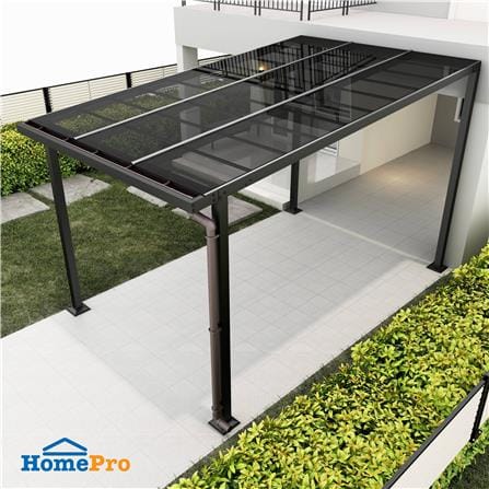 โรงจอดรถสำเร็จรูป หลังคาโพลีคาร์บอเนตแบบตัน มีรางน้ำฝน เสาธรรมดา SUNSHIELD 3x5 เมตร สีเทา_0