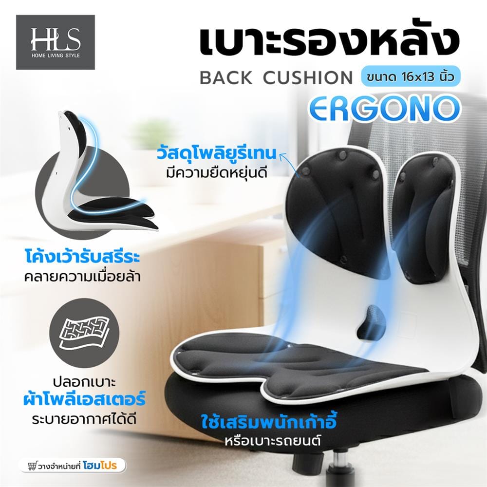 เบาะรองหลัง HOME LIVING STYLE ERGONO 17x13.5 นิ้ว สีดำ