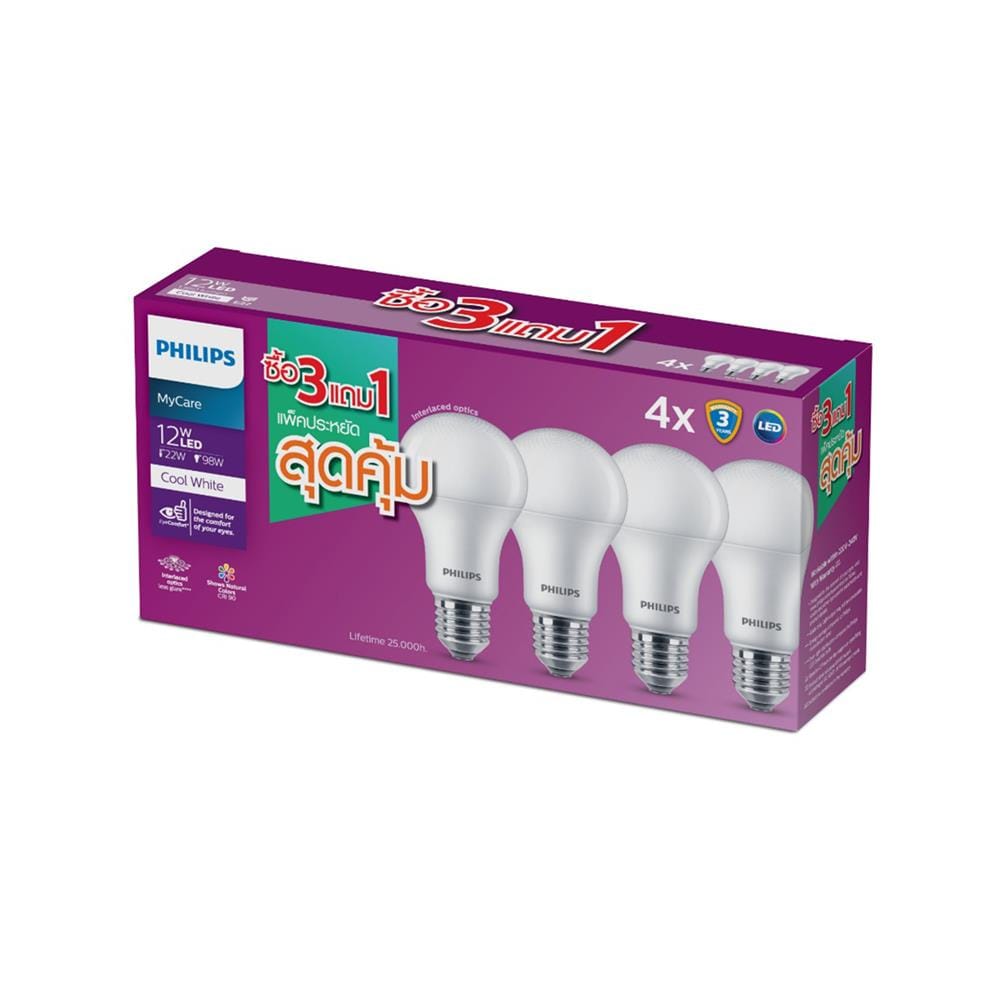 หลอด LED PHILIPS A60 12 วัตต์ COOL WHITE E27 (แพ็ก 4 ชิ้น)