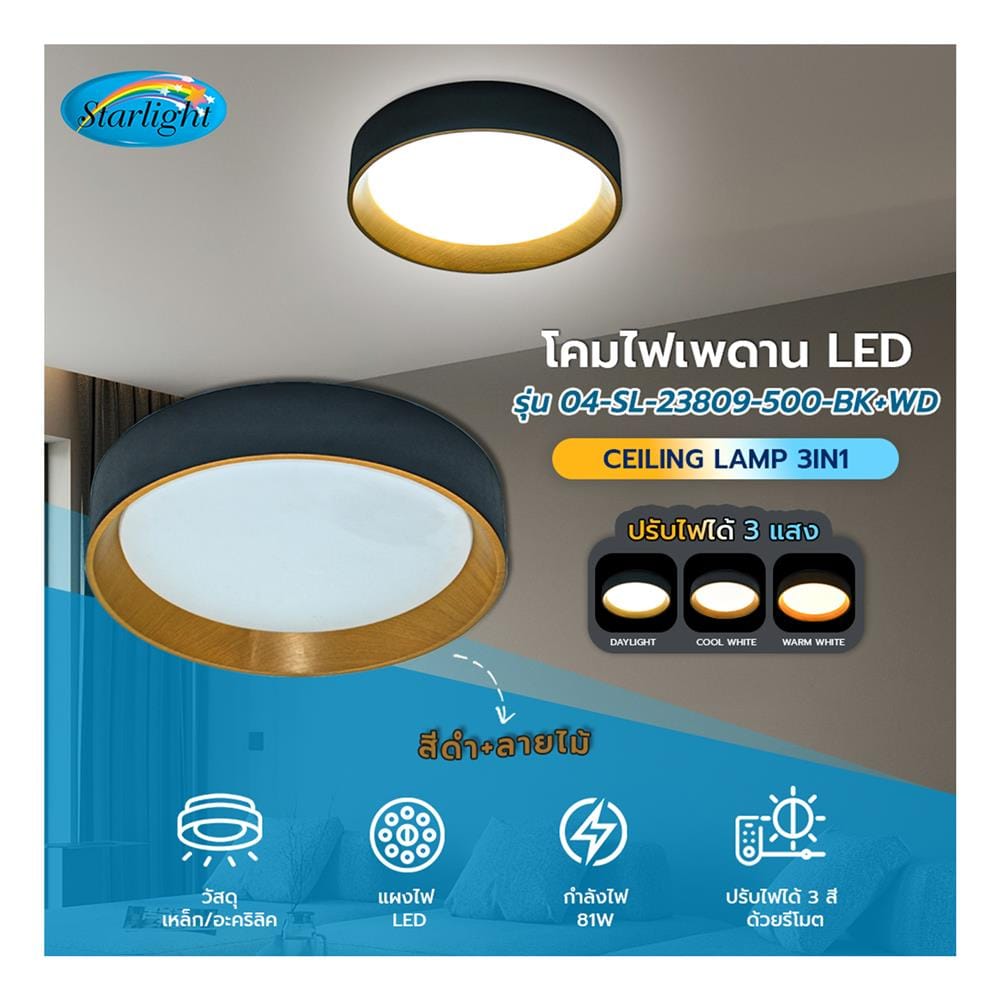 ไฟเพดาน LED STARLIGHT 04-SL-23809-500 81 วัตต์ DAYLIGHT/COOL WHITE/WARMWHITE 19 นิ้ว สีดำ/ลายไม้