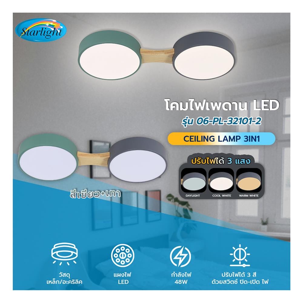 ไฟเพดาน LED STARLIGHT 06-PL-32101-2 48 วัตต์ DAYLIGHT/COOL WHITE/WARMWHITE 8 นิ้ว สีเขียว/เทา