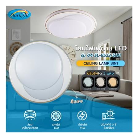 ไฟเพดาน LED STARLIGHT 04-SL-8523-500 74 วัตต์ DAYLIGHT/COOL WHITE/WARMWHITE 19 นิ้ว สีขาว/ทอง_4
