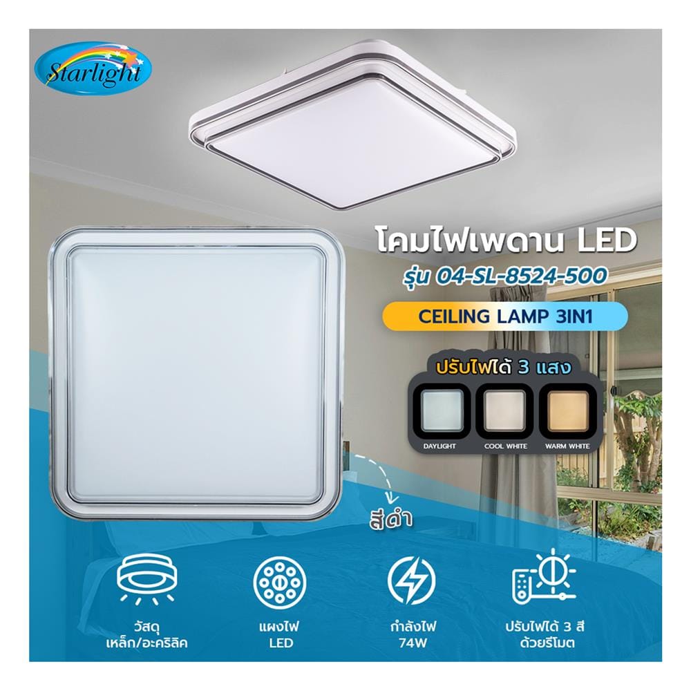 ไฟเพดาน LED STARLIGHT 04-SL-8524-500 74 วัตต์ DAYLIGHT/COOL WHITE/WARMWHITE 19 นิ้ว สีขาว/ดำ