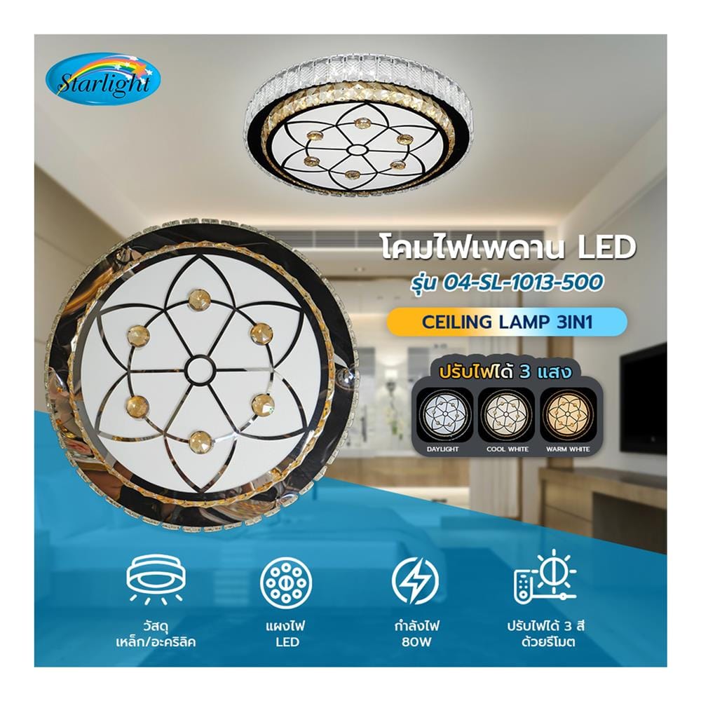 ไฟเพดาน LED STARLIGHT 04-SL-1013-500 80 วัตต์ DAYLIGHT/COOL WHITE/WARMWHITE 19 นิ้ว สีขาว