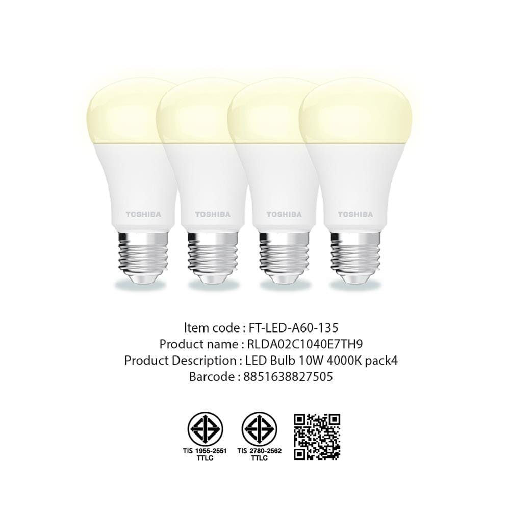 หลอด LED TOSHIBA A60 HIGH LUMEN 10 วัตต์ COOL WHITE E27 (แพ็ก 4 ชิ้น)