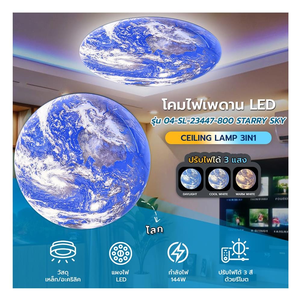ไฟเพดาน LED STARLIGHT EARTH 04-SL-23447-800 144 วัตต์ DAYLIGHT/COOL WHITE/WARM WHITE 31 นิ้ว สีขาว
