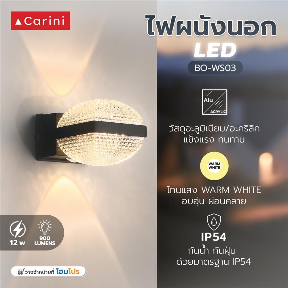 ไฟผนังภายนอก LED CARINI BO-WS03 12 วัตต์ WARM WHITE สีดำ