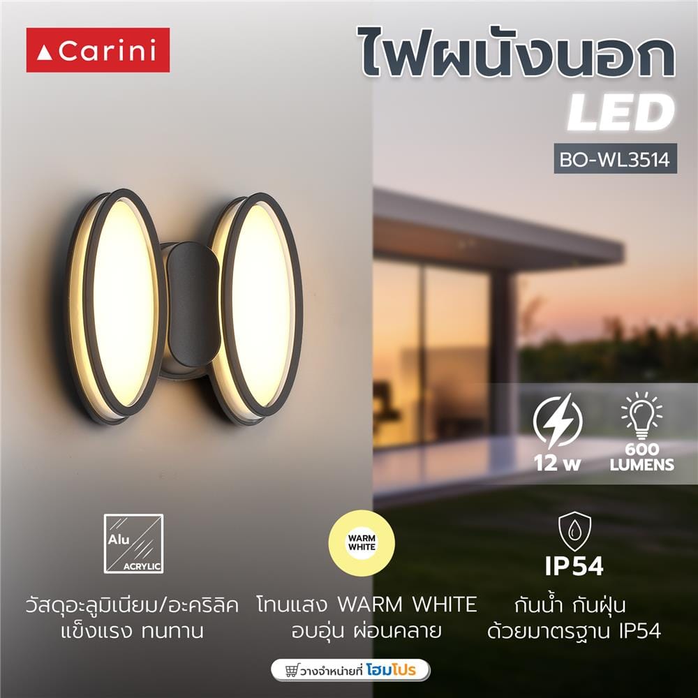 ไฟผนังนอก LED CARINI BO-WL3514 12 วัตต์ WARM WHITE สีดำ