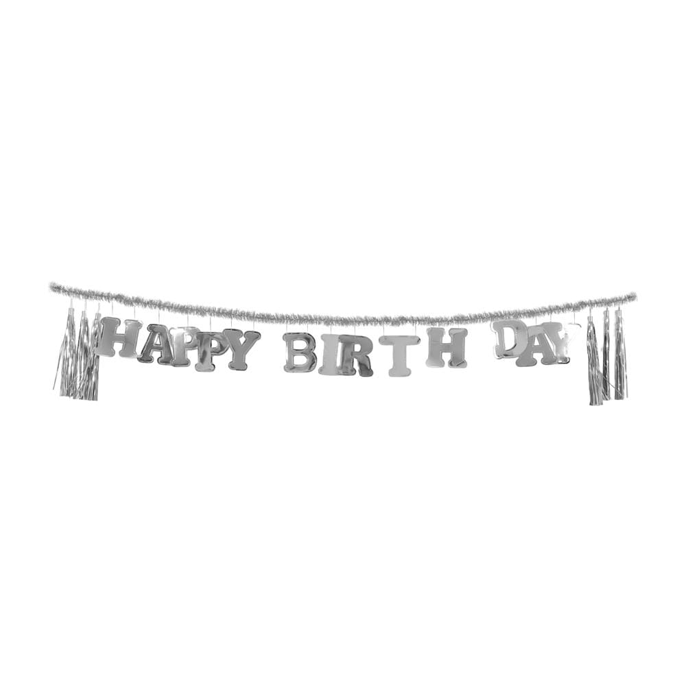 ป้ายตกแต่ง HAPPY BIRTHDAY พร้อมพู่ห้อย SIAMXMAS 200x30 ซม. สีเงิน