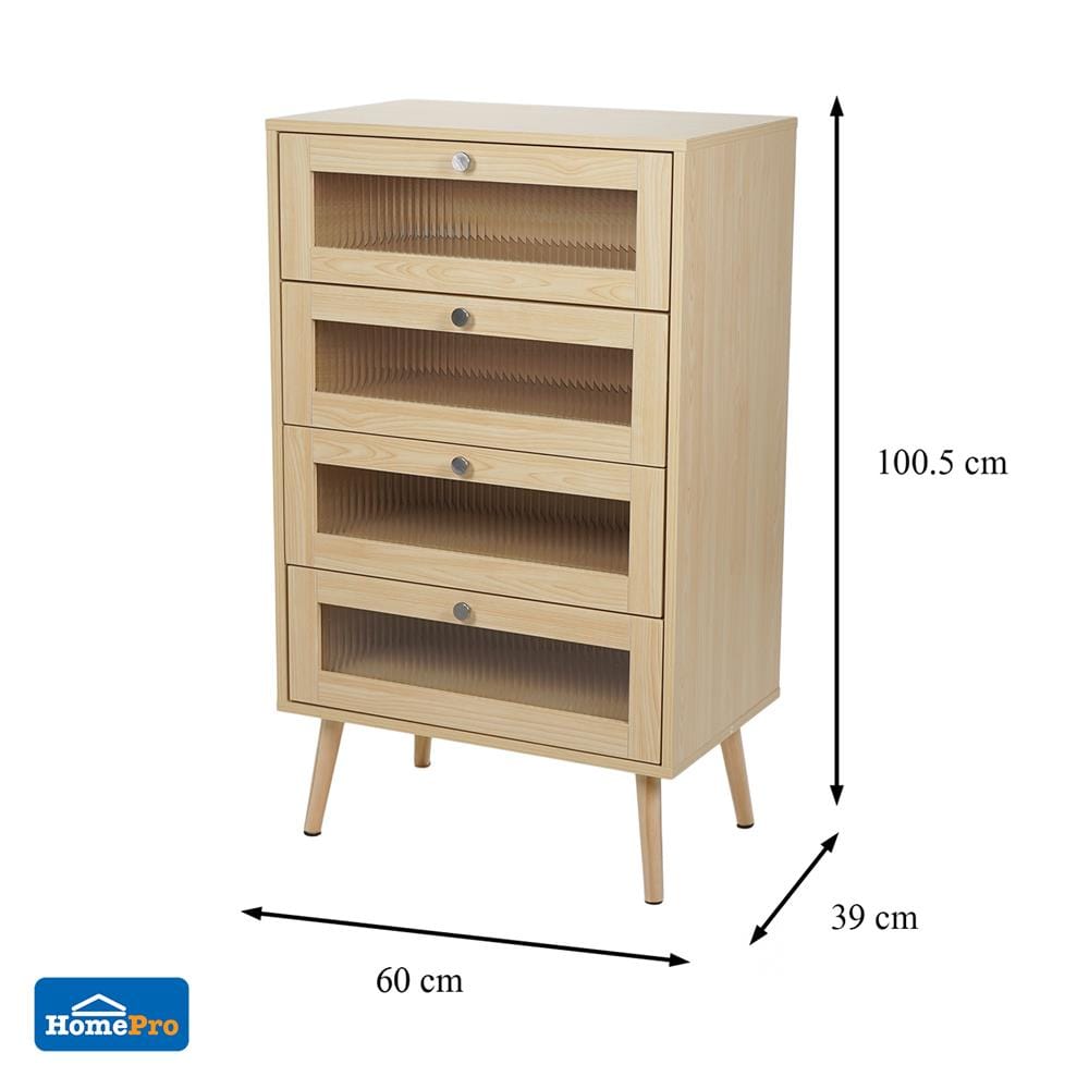 ตู้ลิ้นชัก 4 ลิ้นชัก FURDINI WAVE 60 ซม. สี NATURAL/กระจกลอน