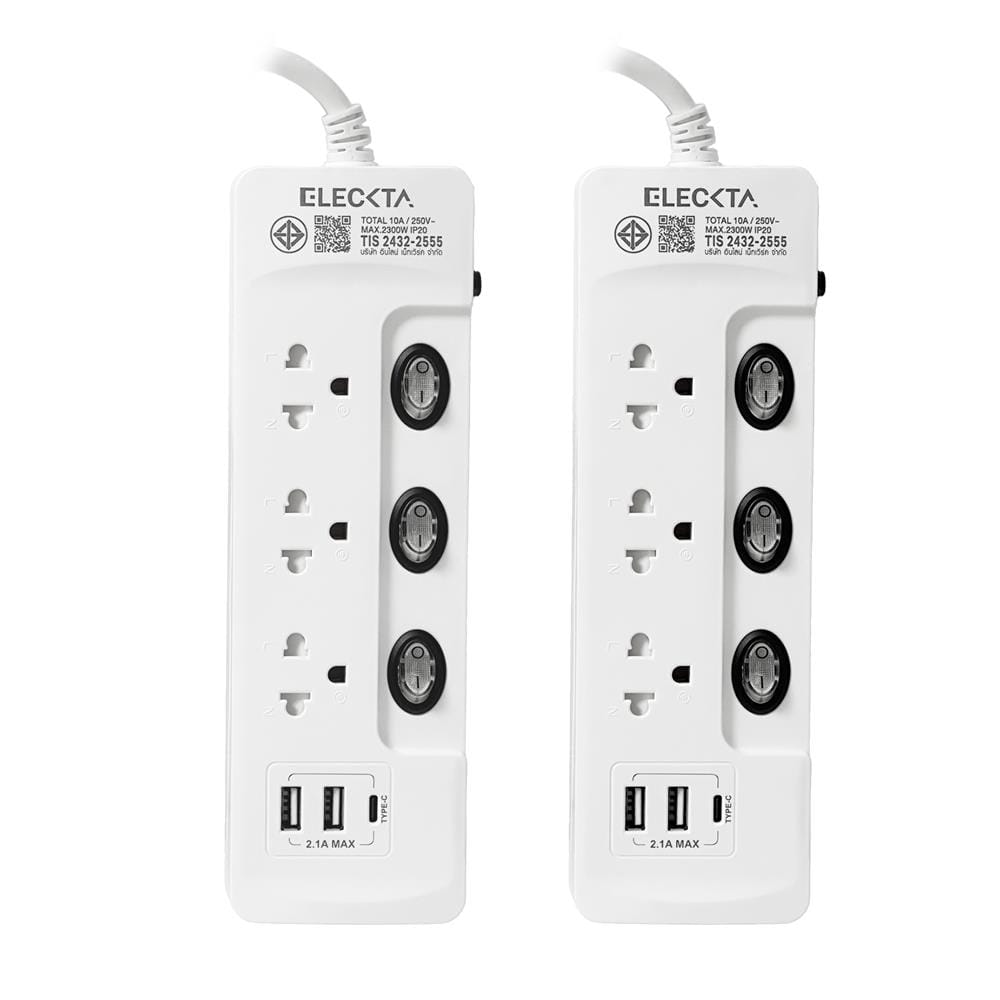 รางปลั๊กไฟ 3 ช่อง 3 สวิตช์ 2 USB 1 TYPE-C ELECKTA สีขาว 3 ม. (แพ็กคู่)_1