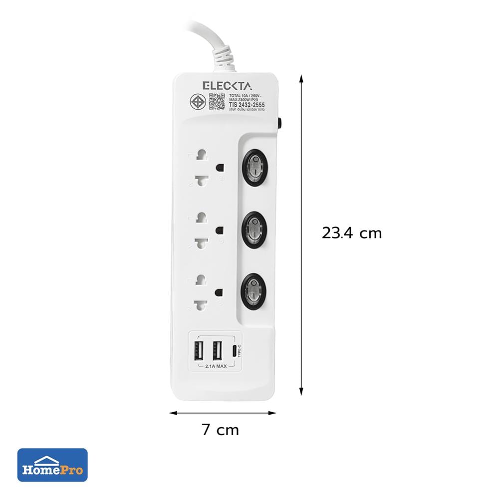 รางปลั๊กไฟ 3 ช่อง 3 สวิตช์ 2 USB 1 TYPE-C ELECKTA สีขาว 3 ม. (แพ็กคู่)