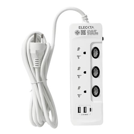 รางปลั๊กไฟ 3 ช่อง 3 สวิตช์ 2 USB 1 TYPE-C ELECKTA สีขาว 3 ม. (แพ็กคู่)_2