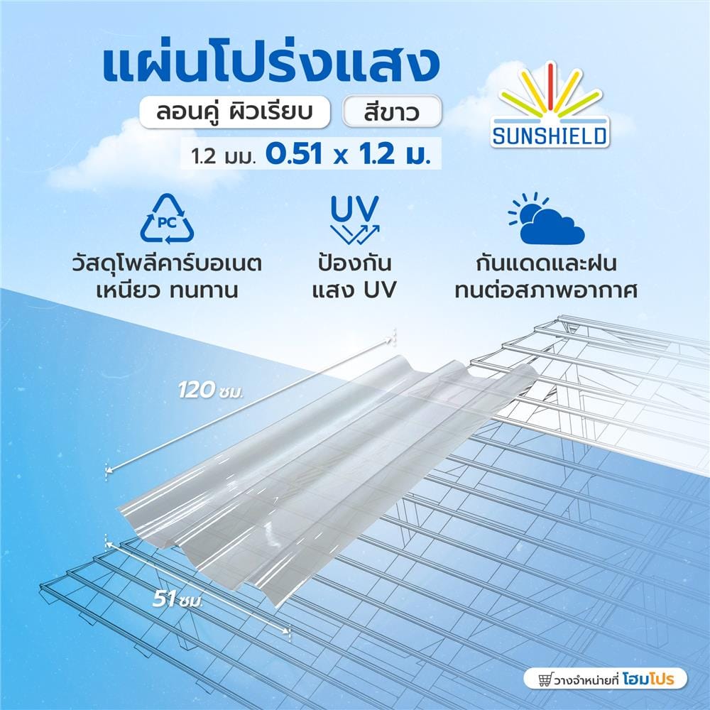 แผ่นโปร่งแสง ลอนคู่ ผิวเรียบ SUNSHIELD 1.2 มม. 0.51x1.2 ม. สีขาว