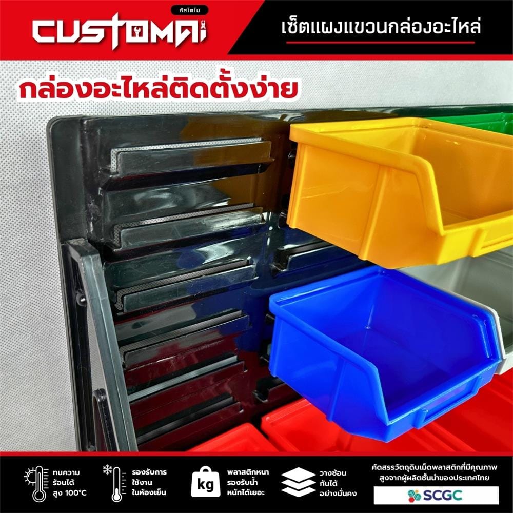 แผงแขวนพร้อมกล่องเครื่องมือใส่อะไหล่ CUSTOMAI 12 ชิ้น สีน้ำเงิน