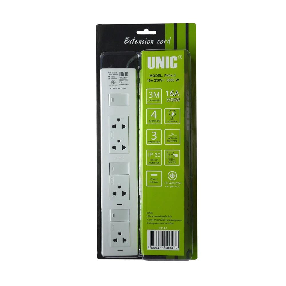 รางปลั๊กไฟ 4 ช่อง 3 สวิตซ์ UNIC P414-1 3500 วัตต์ 16 แอมป์ 3 เมตร