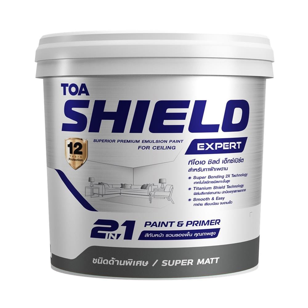 สีน้ำทาฝ้า ชนิดด้านพิเศษ TOA SHIELD EXPERT SUPERIOR PREMIUM 2 IN 1 E777 สีขาว 9 ลิตร