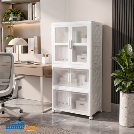 ตู้บานเปิดพับได้ 3 ชั้น มีล้อ STACKO SNOWY 38x73x136 ซม. สีขาว_1