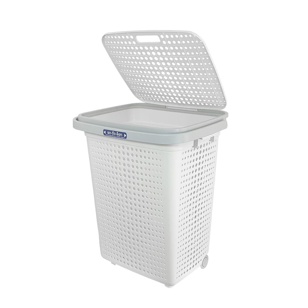 ตะกร้าผ้าล้อลากมีฝา PLIM BUBBLE HH-1226L สีขาว