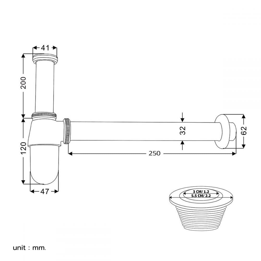 ท่อน้ำทิ้งอ่างล้างหน้ากระปุก RASLAND RA T911-T25 25 ซม.