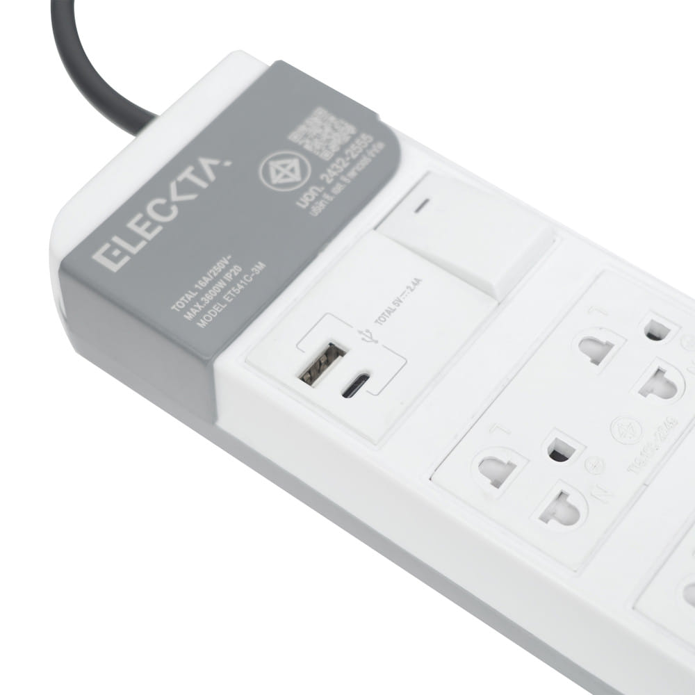 รางปลั๊กไฟ 4 ช่อง 1 สวิตซ์ 1 USB-A 1 TYPE-C ELECKTA ET541C 16 แอมป์ 3 ม.