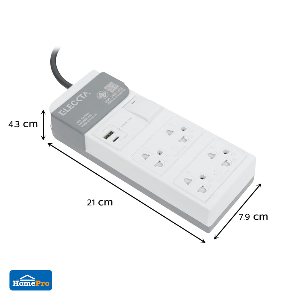 รางปลั๊กไฟ 4 ช่อง 1 สวิตซ์ 1 USB-A 1 TYPE-C ELECKTA ET541C 16 แอมป์ 3 ม.